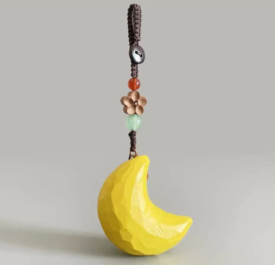 Handmade Wooden Moon Car Charm – Crescent Pendant for Rearview Mirror, Cute Night Sky Gift