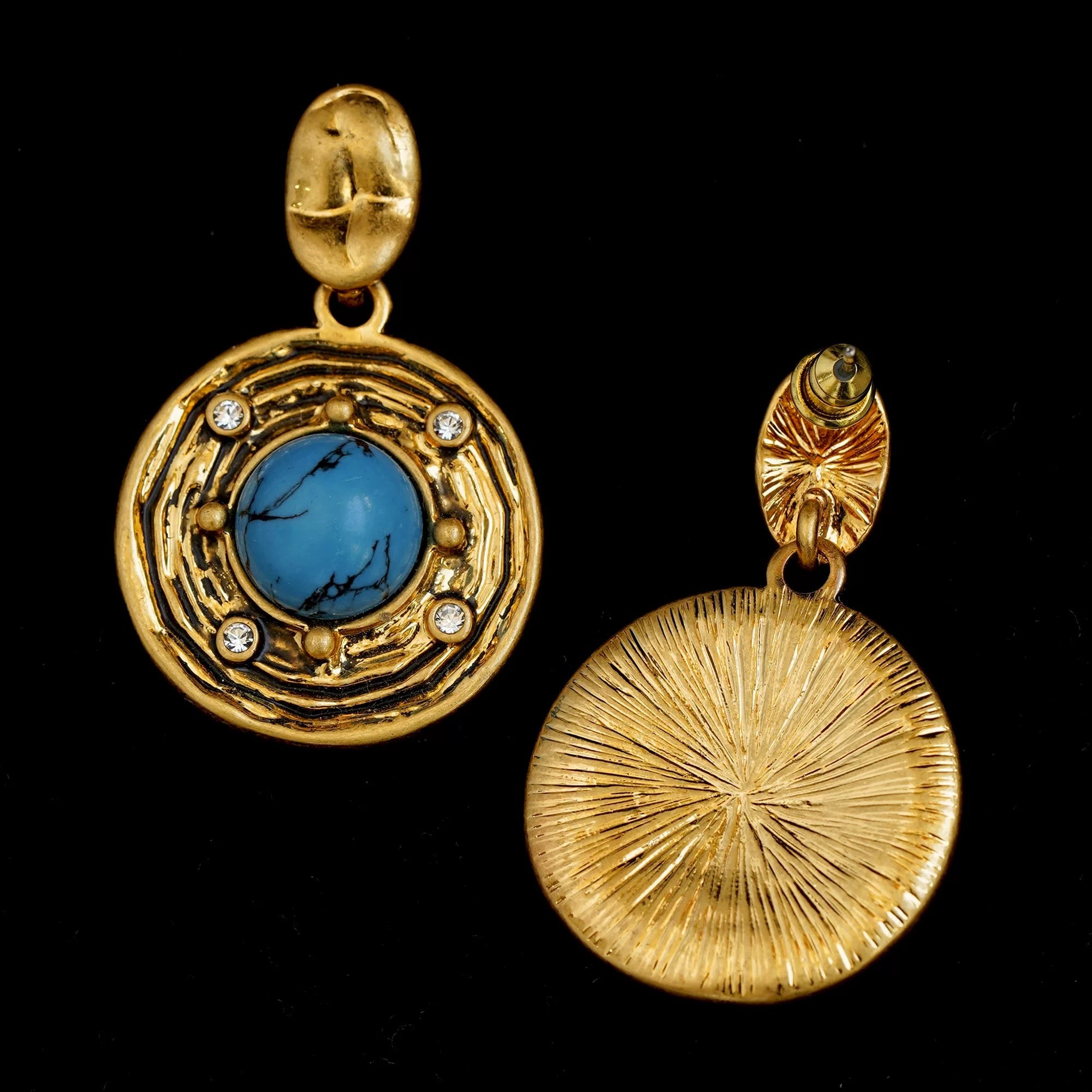 Vintage Gold Earrings with Natural Stone – Retro Hong Kong Style Statement Jewelry