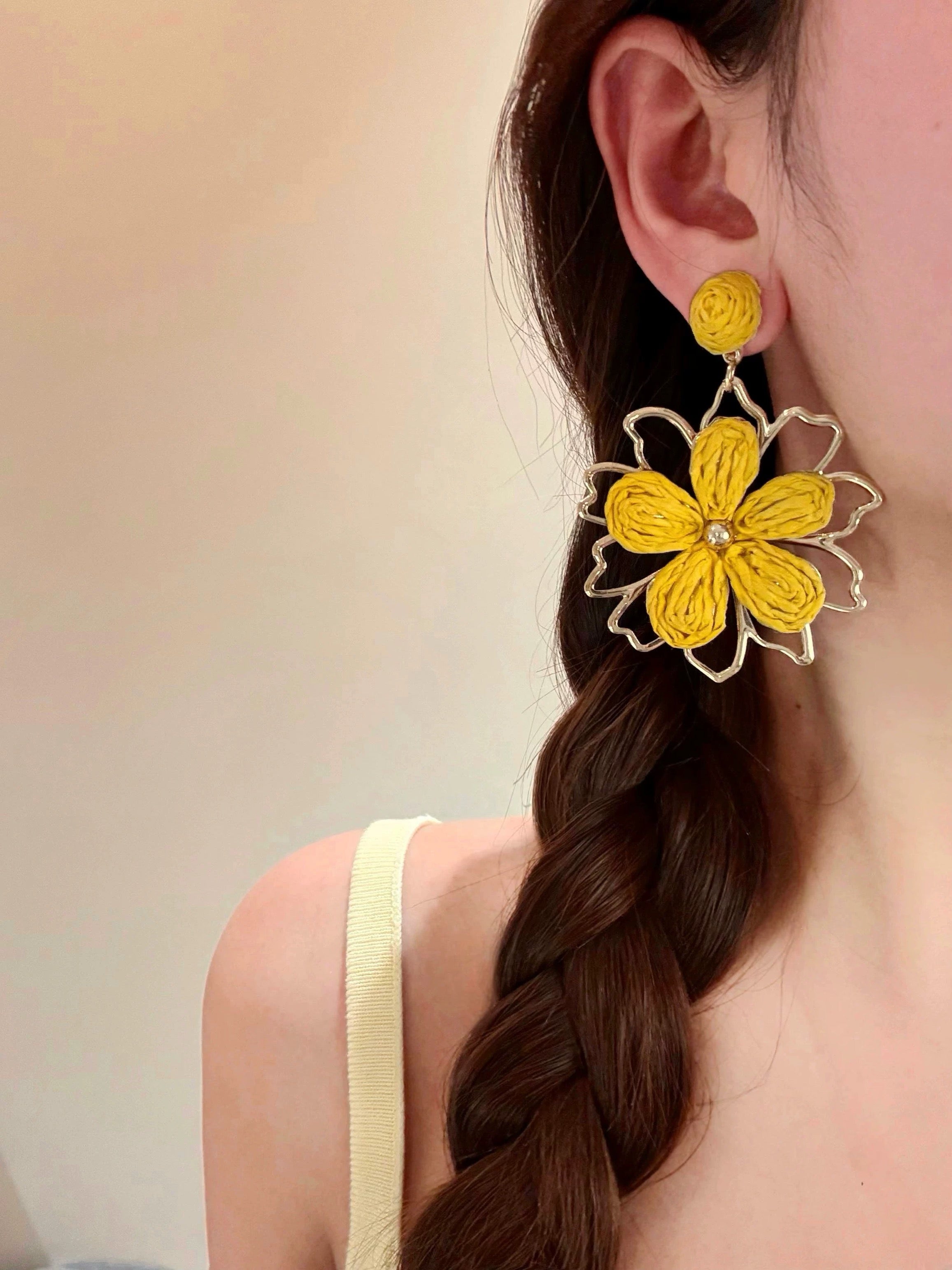 Yellow Flower Earrings – Handmade Woven Boho Statement Jewelry