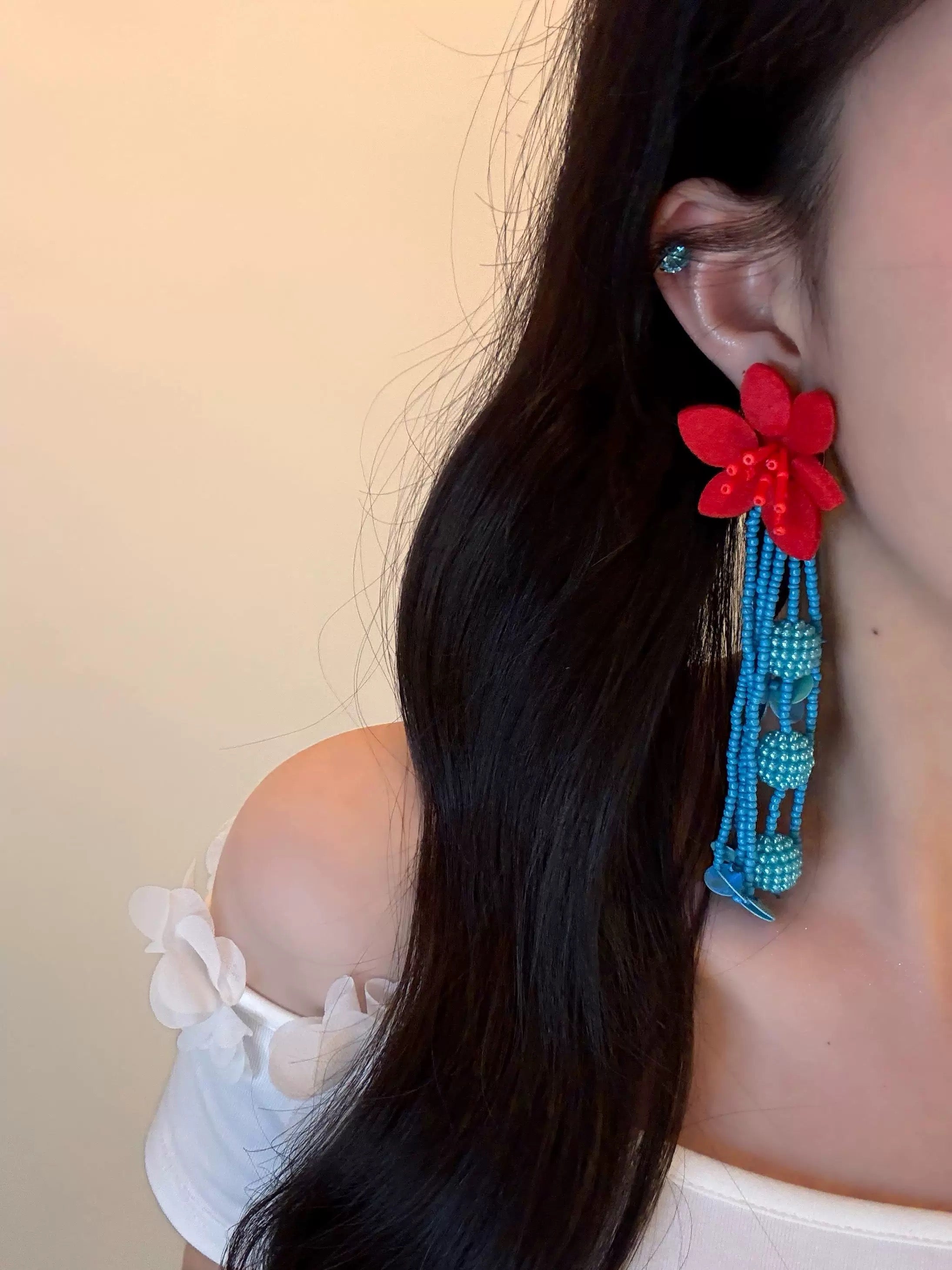 Red & Blue Beaded Flower Earrings – Bold Handmade Statement Vacation Jewelry