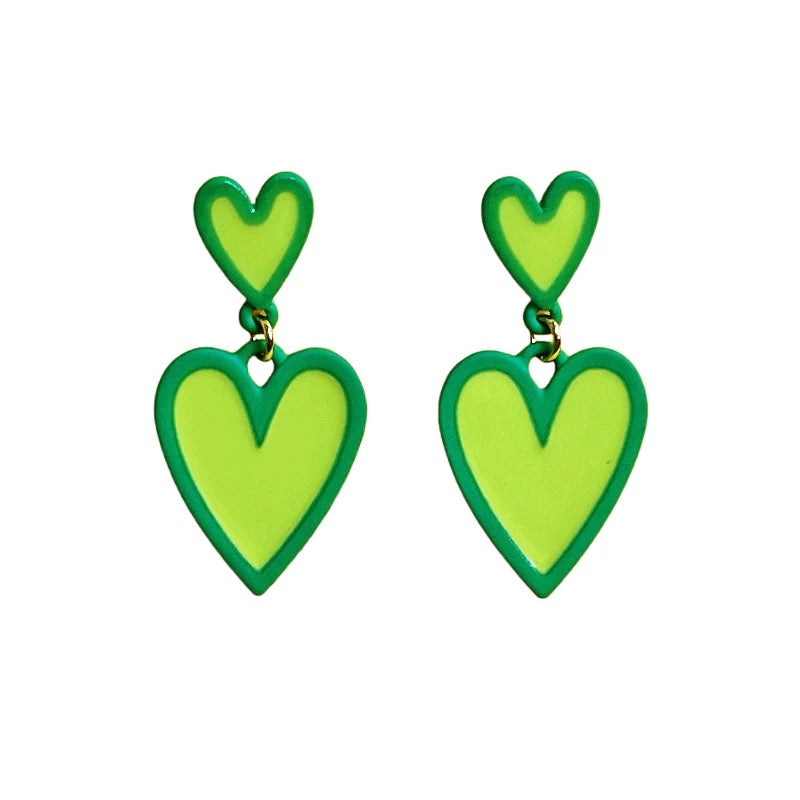 Retro Green Heart Drop Earrings – Bold Pop Art Statement Jewelry