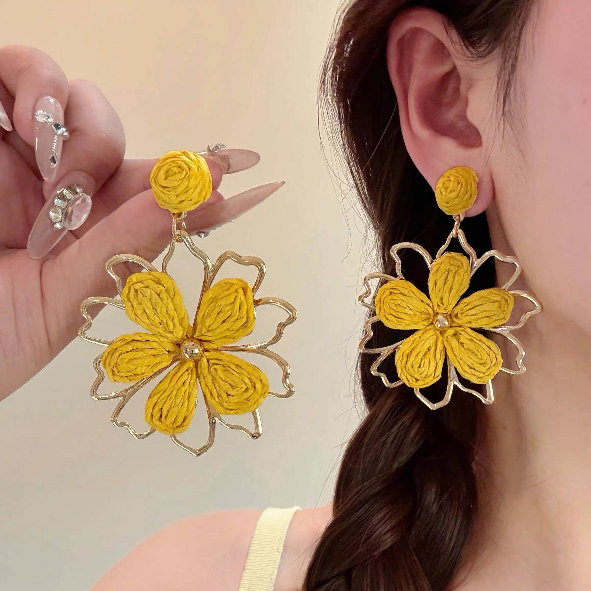 Yellow Flower Earrings – Handmade Woven Boho Statement Jewelry