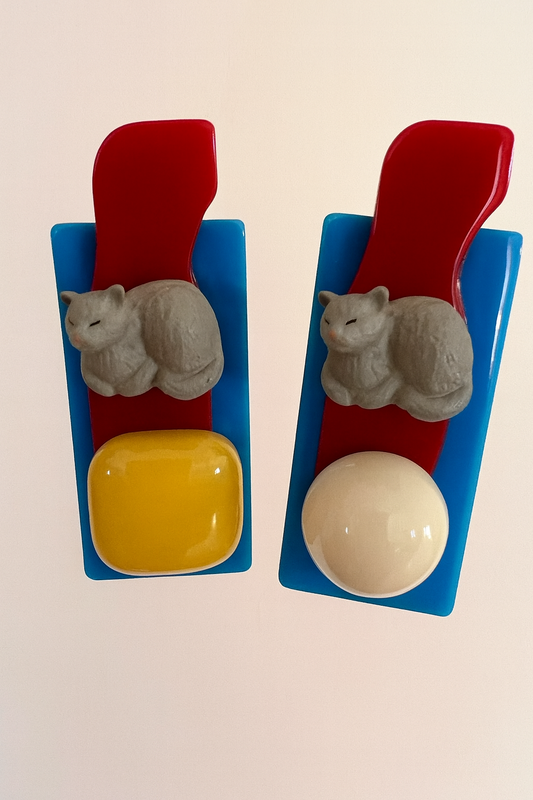 Handmade Cat Earrings | Retro Geometric Design with Lazy Cat Charm