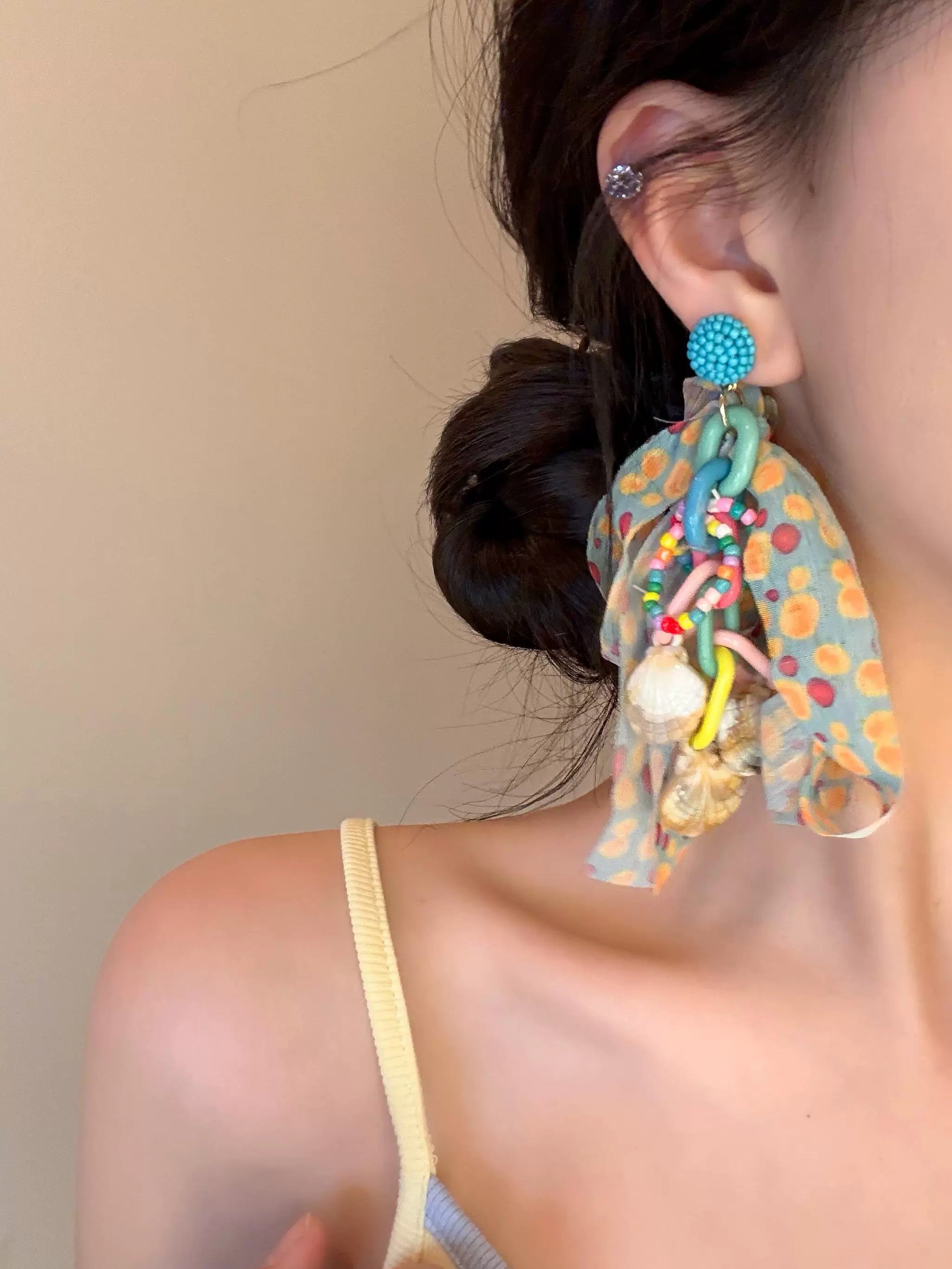Boho Beach Earrings – Colorful Beaded Statement Earrings with Shell & Scarf Detail
