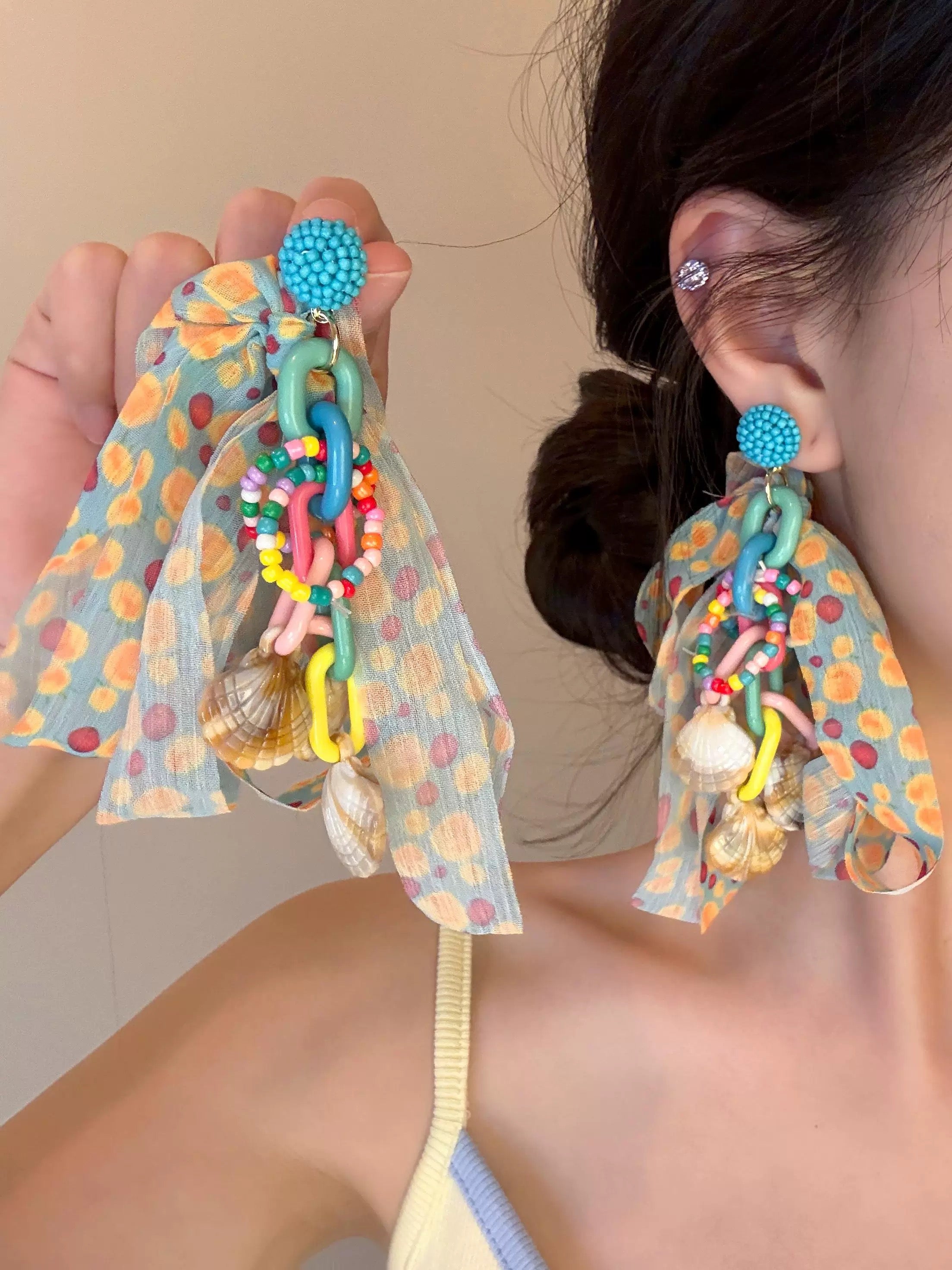Boho Beach Earrings – Colorful Beaded Statement Earrings with Shell & Scarf Detail