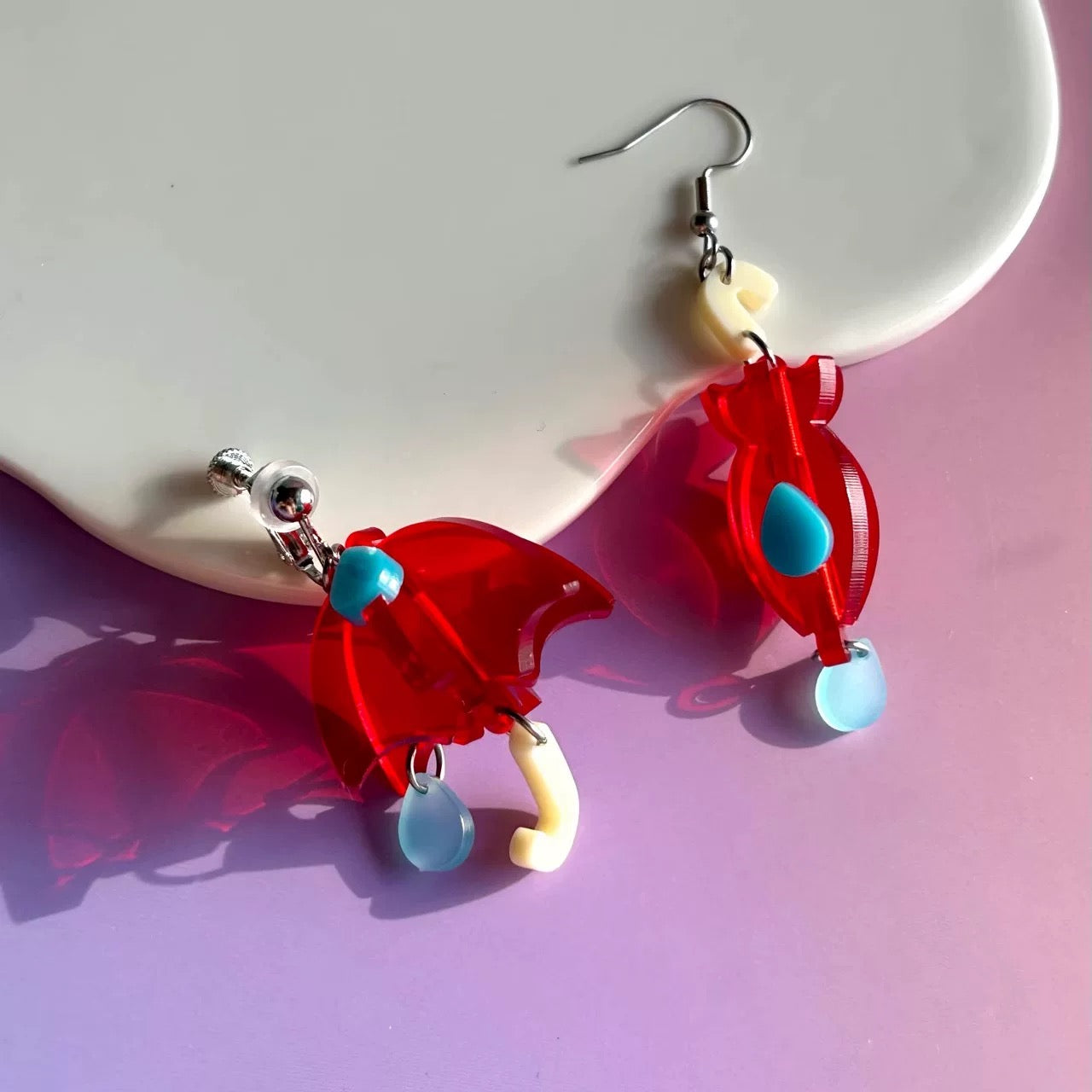 Rain Came, Rain Gone — Asymmetric Acrylic Umbrella Earrings ☔🌈