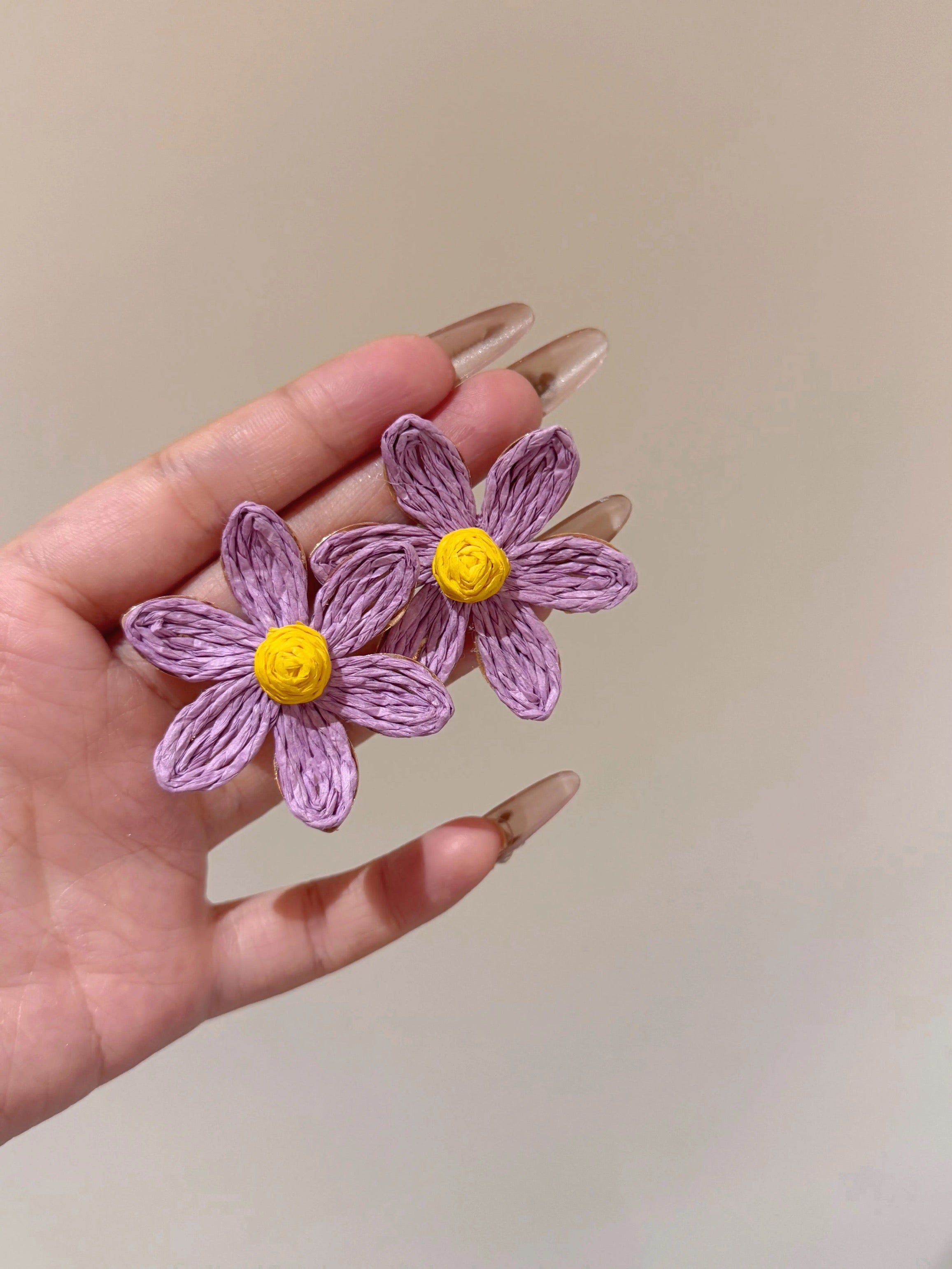 Handmade Purple Flower Earrings – Crochet Style with Yellow Center