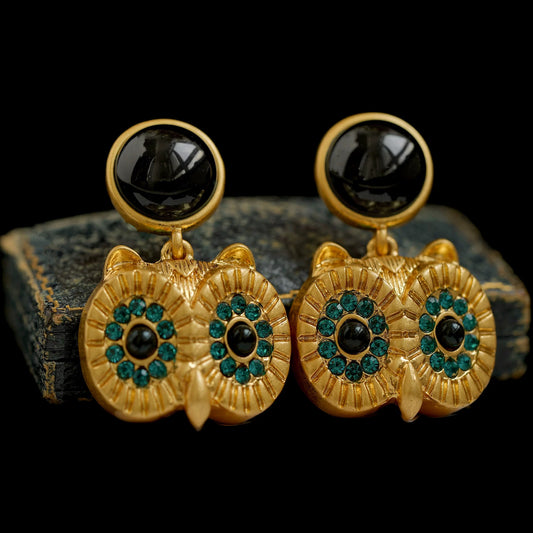 Vintage Owl Head Earrings – Retro Black & Emerald Green Crystal Statement Jewelry