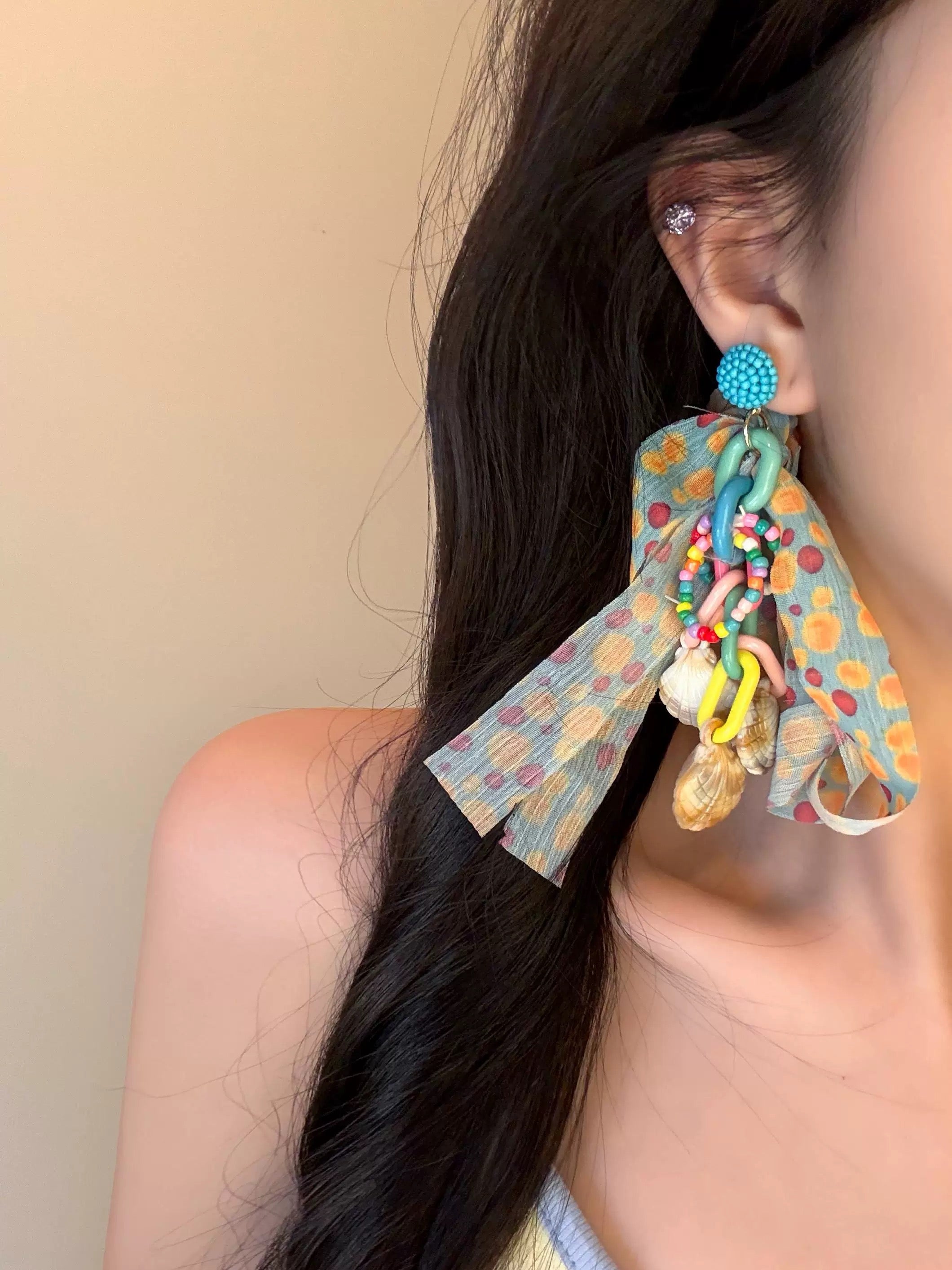 Boho Beach Earrings – Colorful Beaded Statement Earrings with Shell & Scarf Detail