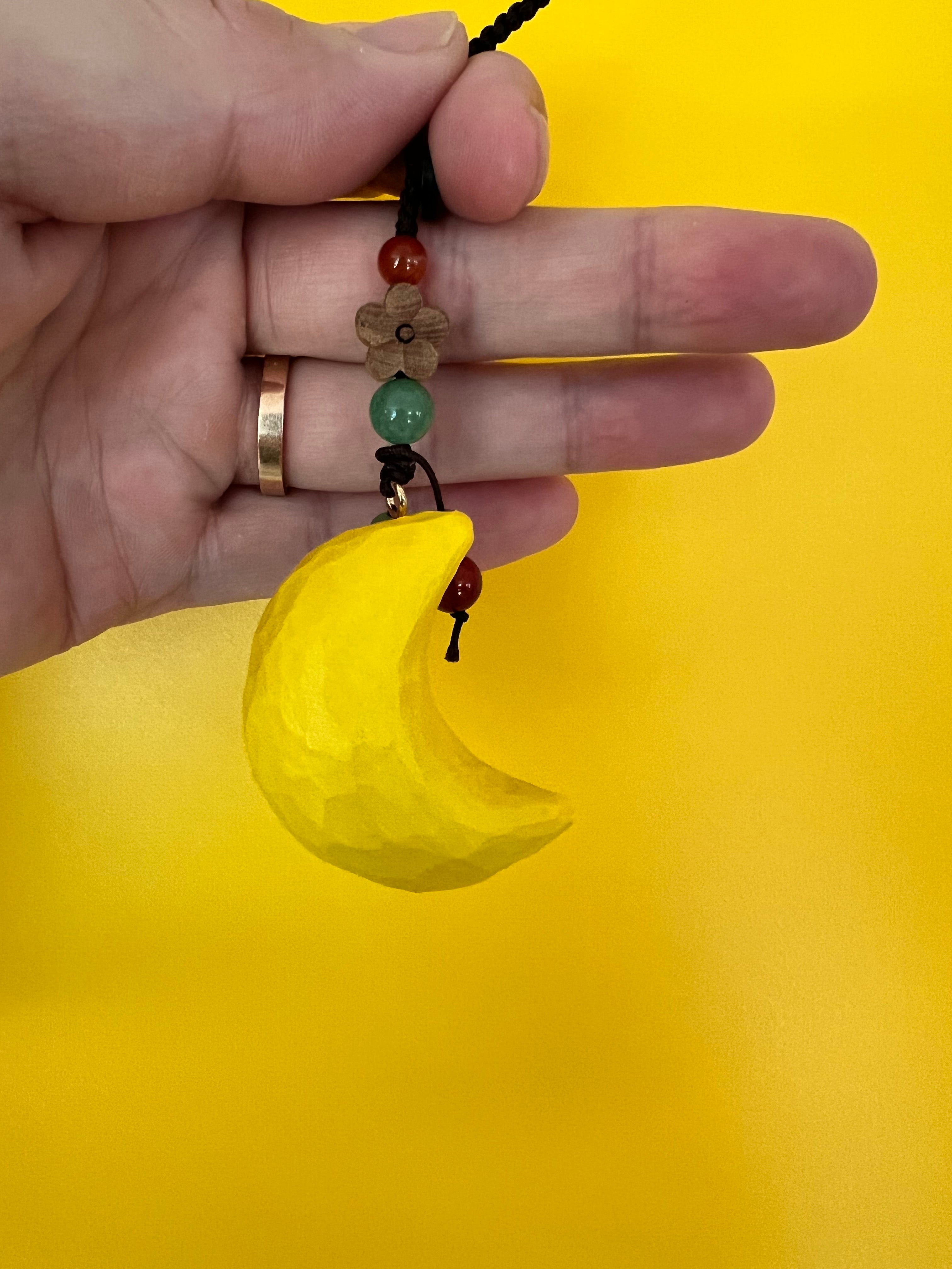 Handmade Wooden Moon Car Charm – Crescent Pendant for Rearview Mirror, Cute Night Sky Gift