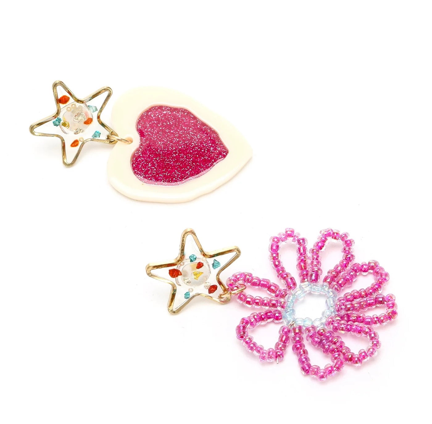 All Pink Dopamine Earrings, Mismatched Beaded Flower &amp; Glitter Heart Statement Dangles