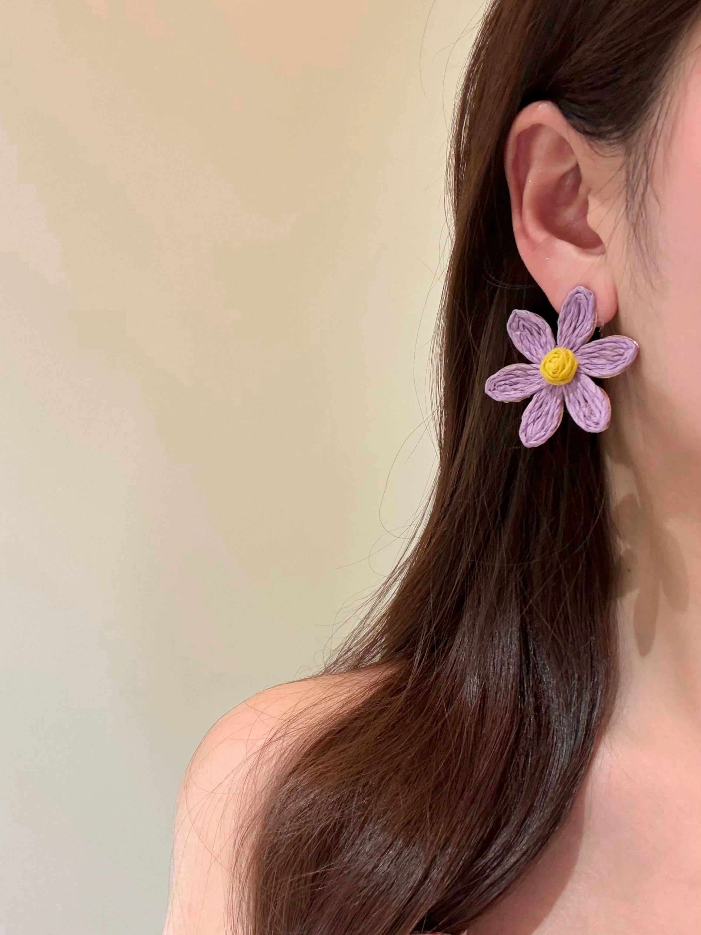 Handmade Purple Flower Earrings – Crochet Style with Yellow Center