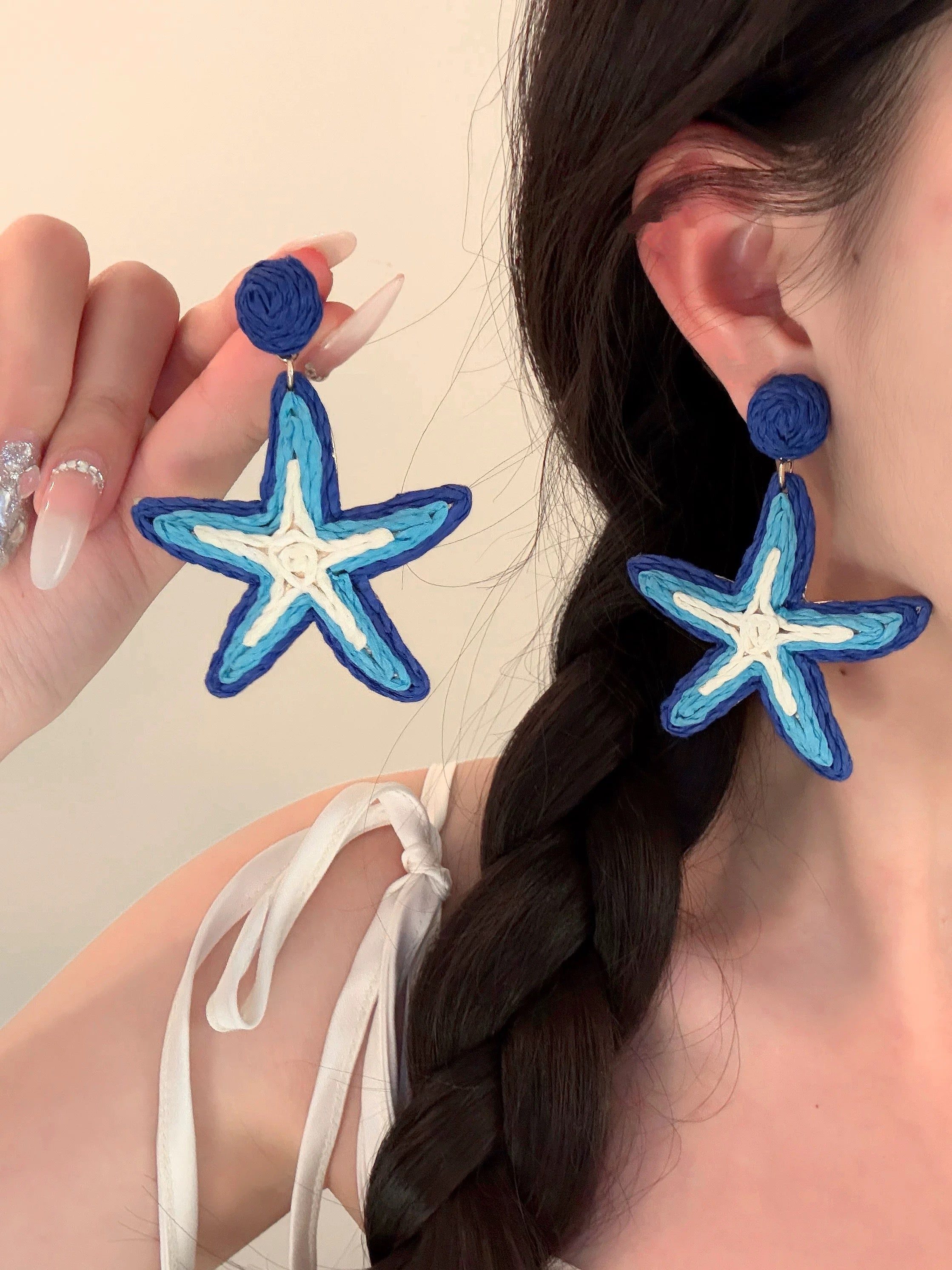 Blue Starfish Earrings – Handmade Woven Ocean-Inspired Vacation Jewelry