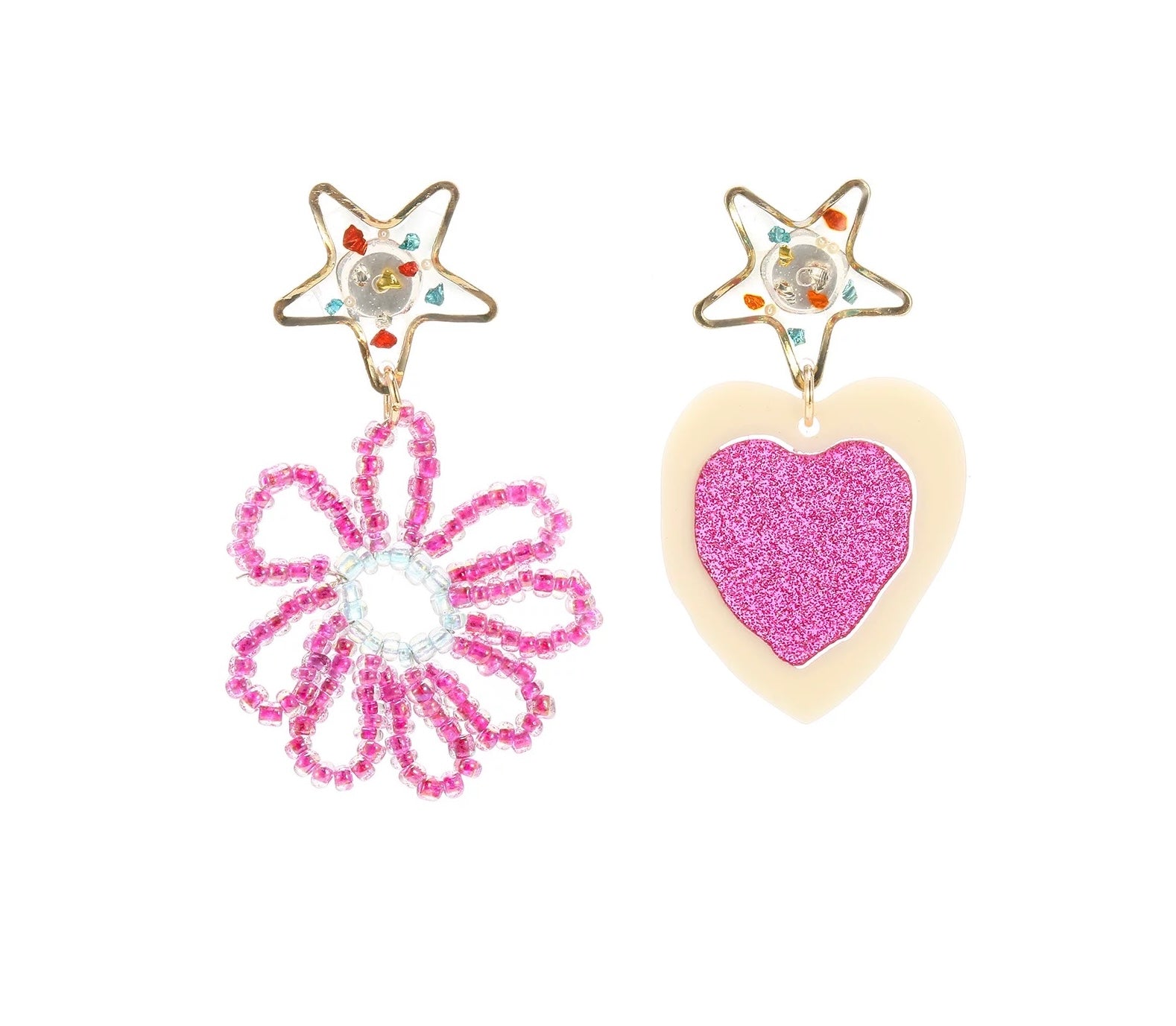 All Pink Dopamine Earrings, Mismatched Beaded Flower &amp; Glitter Heart Statement Dangles