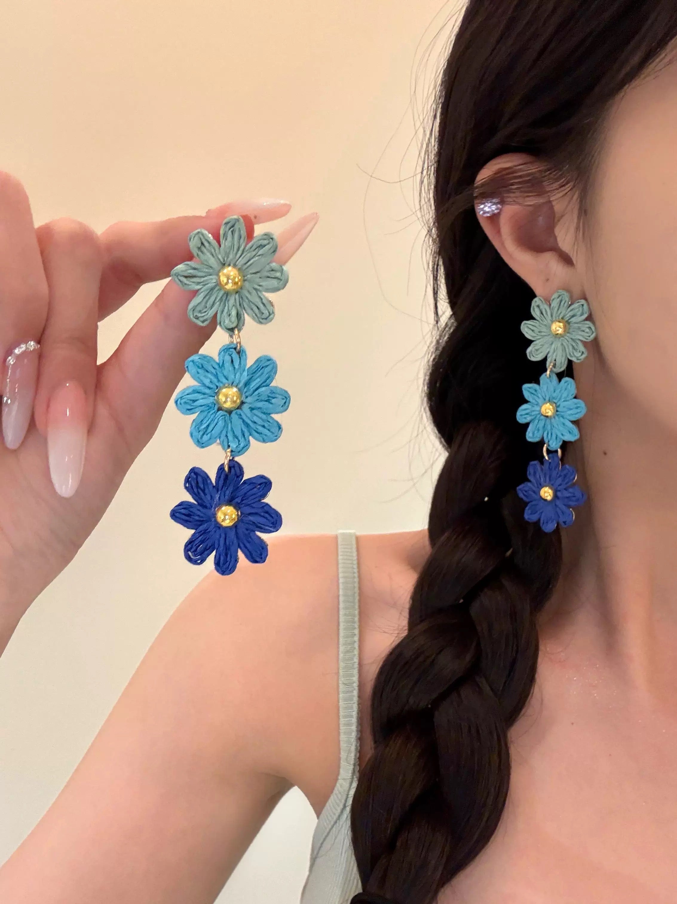 Boho Blue Daisy Earrings – Handmade Woven Flower Drop Earrings
