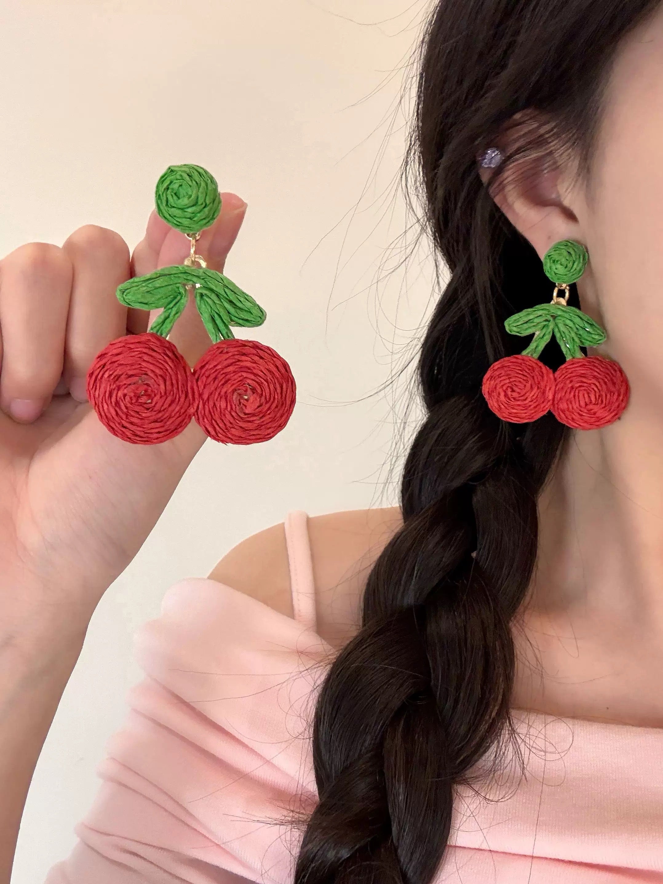Cherry Earrings – Handmade Woven Fruit Statement Earrings