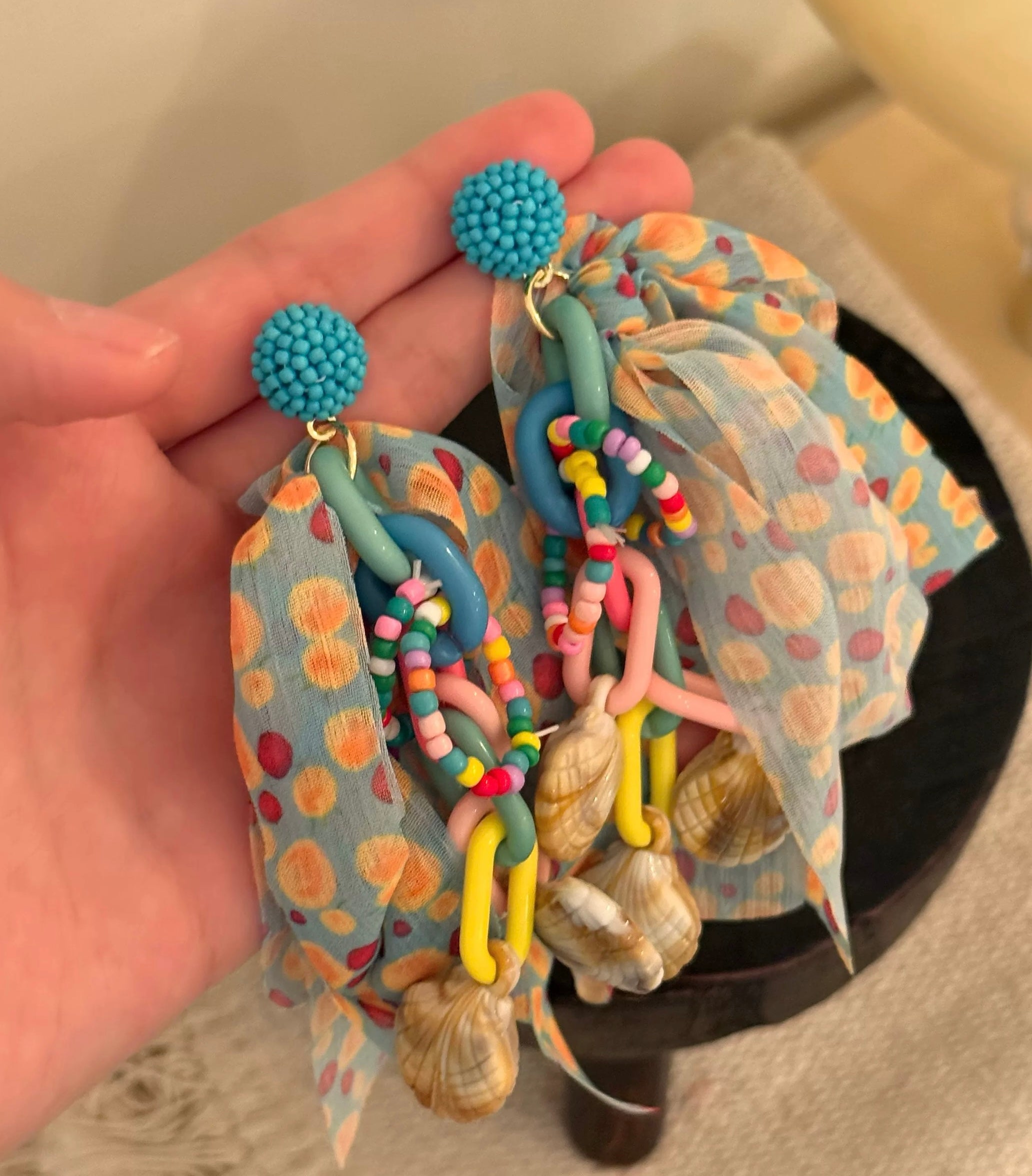 Boho Beach Earrings – Colorful Beaded Statement Earrings with Shell & Scarf Detail