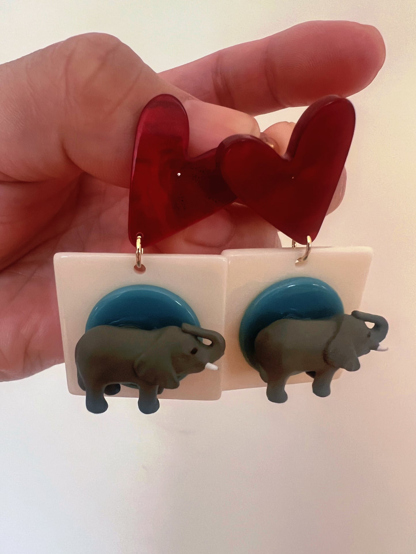 Whimsical Elephant & Heart Statement Earrings – Playful Art Jewelry