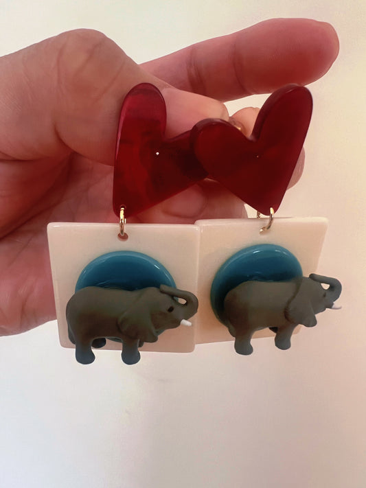 Whimsical Elephant & Heart Statement Earrings – Playful Art Jewelry